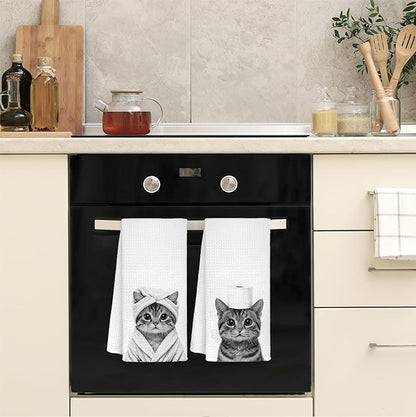 Funny Cat Bathroom Hand Towels, Cat Mom Lovers Lady Gifts for Women, Pet Lover Gifts Decorative Hand Towels for Bathroom Decor, 16x24 Inch Set of 2
