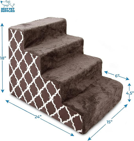 Best Pet Supplies Dog Stairs & Steps - Foam Steps for Small Dogs & Cats, Non-Slip Indoor Balanced Pet Step Support, Dog Ramp, No Assembly, Brown Lattice Print, 4-Step (18-inch Height)