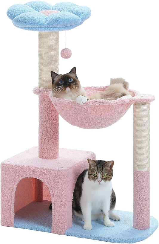 MUTTROS Flower Cat Tree with Large Metal Frame Hammock, 35" Pink Cat Tower with Sisal Scratching Posts for Small Indoor Cats, Cat Condo with Blue Top Perch for Kittens, Fluffy Ball, Pink