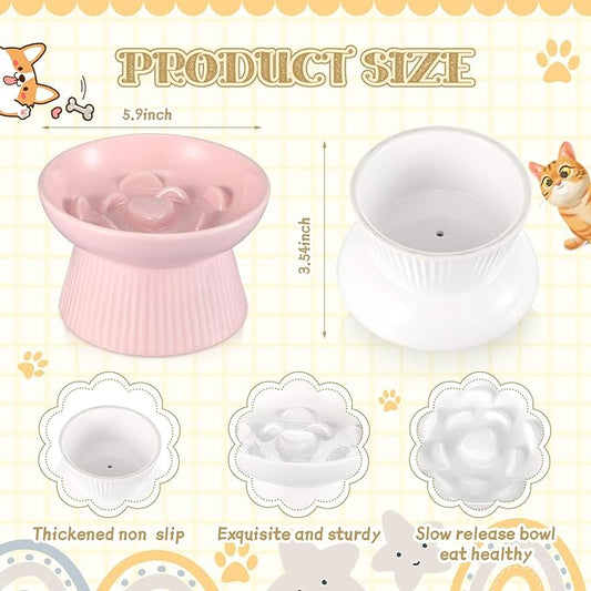 Layhit 2 Pack Raised Slow Feeder Cat Bowls Ceramic Elevated Cat Food Bowls Anti Vomiting Slow Feeder for Dog and Kitten for Dry and Wet Food(Pink, White)