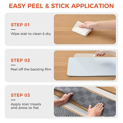 BAGAIL 15 Pack Non-Slip Stair Treads for Wooden Steps, 8"x30" Peel and Stick Carpet Stair Runners, Machine Washable Indoor Step Covers with No-Residue Adhesive for Dogs, Kids & Elderly - Light Gray