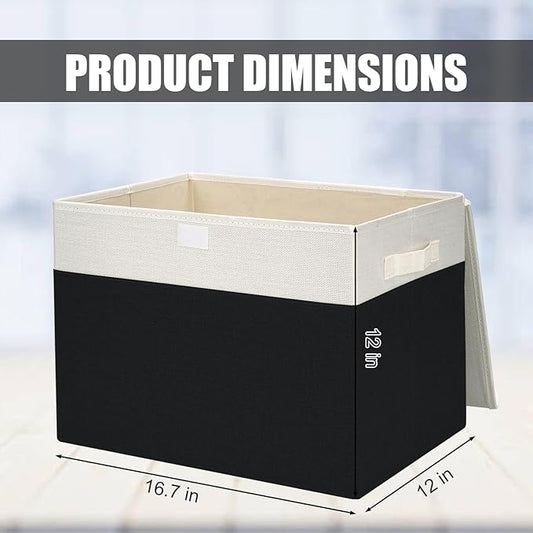 Large 42 Quarts Fabric Storage Bins with Lids [2-Pack] Linen Collapsible Foldable Baskets, Closet Organizer Containers boxes with Handles for Home Office (16.7 x 12 x 12, Black & White)