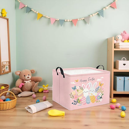 Rectangular Easter Basket for Home Kitchen Baby Girls Basket Cute Storage Bin Organizer Shelf Book Room Decor(Pink Easter)