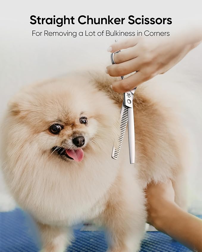 ULG Straight Chunker Dog Shears for Grooming, 7 Inch Professional Straight Chunker Dog Grooming Scissors for Thinning and Cutting, 65%-75% Rate 440C Stainless Steel Pet Hair Scissors