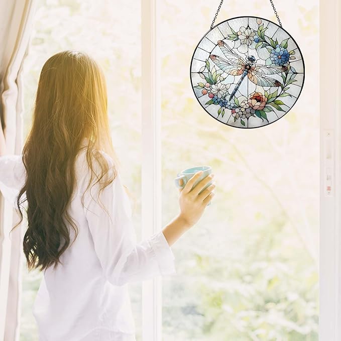 Dragonfly Sun Catcher Stained Glass Window Hanging 9.8'', Sun Catchers Indoor Window Dragonfly Gifts for Women Wall Decor Handmade SunCatcher Decoration for Garden Home Housewarming Gifts