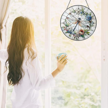 Dragonfly Sun Catcher Stained Glass Window Hanging 9.8'', Sun Catchers Indoor Window Dragonfly Gifts for Women Wall Decor Handmade SunCatcher Decoration for Garden Home Housewarming Gifts