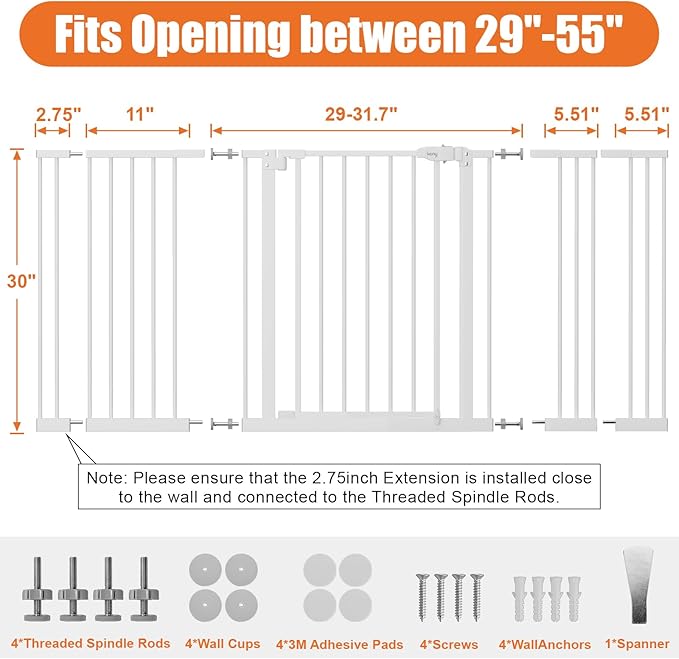 keny 29"-55" Extra Wide Baby Gate, Pressure Mounted No Drilling Dog Gate for Stairs Doorways, Easy Walk Through Safety Gate for Babies or Pets, 30" Tall, White