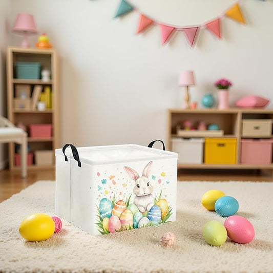 HIYAGON Rectangular Easter Basket for Kids and Girls Cute Toy Storage Organizer Bin Box Easter Egg Room Decor(Watercolor Easter)