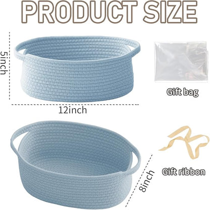 Woven Basket,Small Rope Storage Bin with Handles & Ribbon Bag, Organizer for Shelves Closets,Gift Basket Empty for Birthday,Books,Dog Toys, Blue