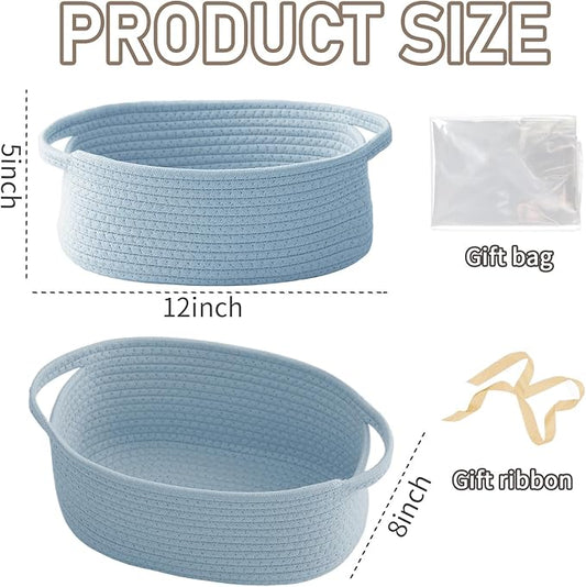 Woven Basket,Small Rope Storage Bin with Handles & Ribbon Bag, Organizer for Shelves Closets,Gift Basket Empty for Birthday,Books,Dog Toys, Blue/2 Pack