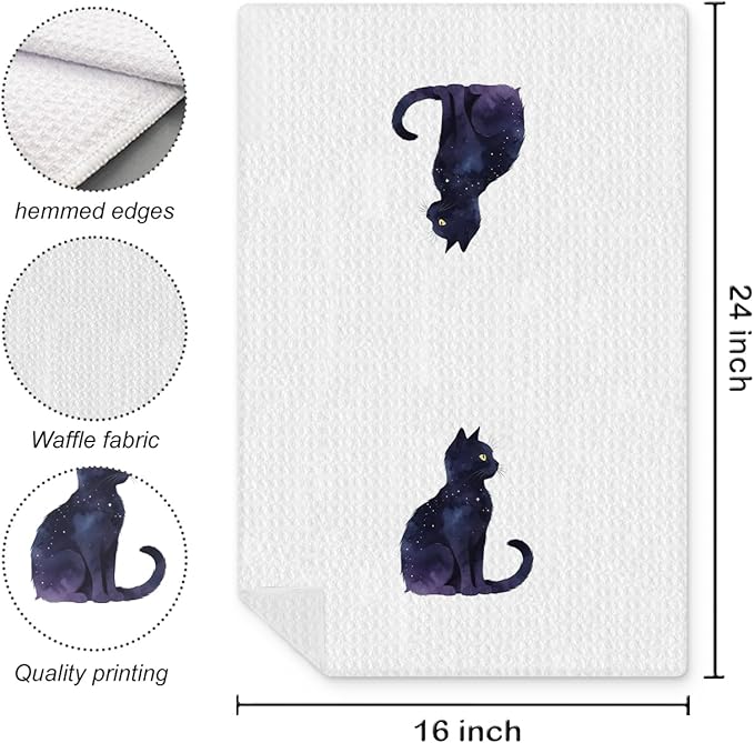 Celestial Black Cat Kitchen Towels, Cat Lovers Mom Lady Gifts Hand Towels for Bathroom, Mystical Witchy Kitty Kitten Dish Tea Towels for Kitchen Decor, 16x24 Inch