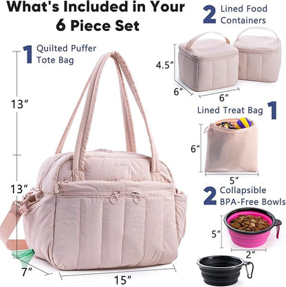 Dog Travel Bag for Supplies, Airline Approved Pet Travel Organizer with 2 Food Containers & Collapsible Bowls, Large Capacity Dogs Tote Bag for Weekend, Stylish Dog Mom Gift for Pet Lovers