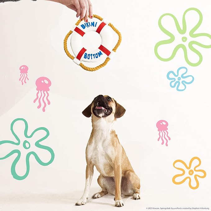 design LAB, Inc. Spongebob Squarepants Official Merchandise | Squeaky Plush Toys for Dogs | 2-Pack Patrick Starfish and Life Preserver | Dog Toys with Squeaker & Rope to Tug and Play
