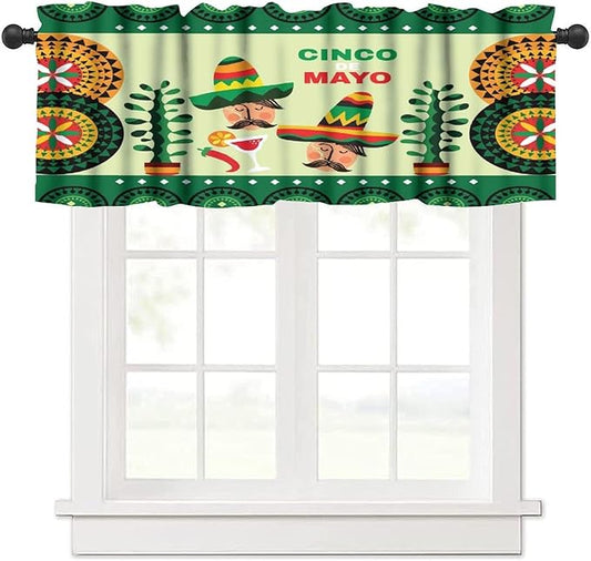 Mexican Style Valances Curtain for Kitchen Cafe, Mexican Sombrero Pepper Guitar Window Treatment Valances Short Curtains Rod Pocket Drape for Dining Room Home Decor, 54x18inch