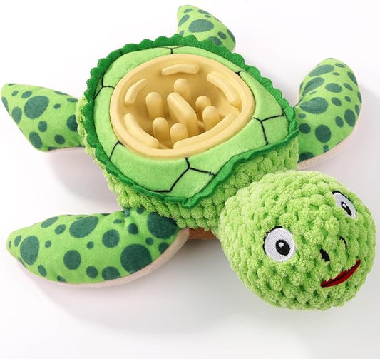 Interactive Dog Toy, Green Turtle Plush with Slow Feeder Bowl, Squeaky Chew Toy