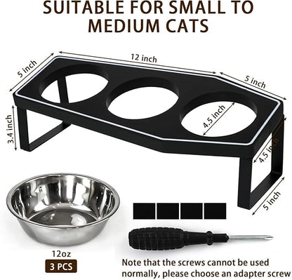 Gothic Cat Food Bowls Elevated, Raised Cat Bowls for Indoor, Non-Slip Stand & Wood Board, Stainless Steel and Whisker Friendly Food Bowls (Cat Bowl*3)