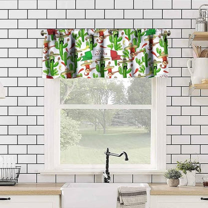 Mexican Style Valances Curtain for Kitchen, Funny Peppers Cactus Playing Maracas Guitar Pattern Window Treatment Valances Short Curtains Rod Pocket Drape for Dining Room Home Decor, 54x18inch