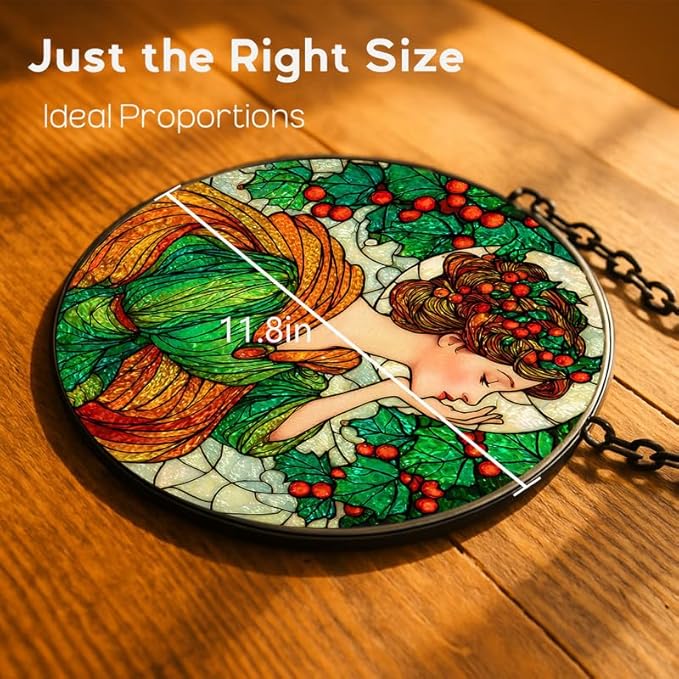 11.8in Stained Glass Window Hanging， Art Nouveau Woman with Holly Sun Catchers Indoor Window， Core Decor Inside and Outside The Cottage，Gifts for Women