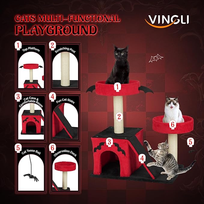VINGLI 27.6in Gothic Cat Tree with Spacious Cat Condo & 2 Padded Perches, Red & Black Cat Tower with Scratching Ladder, Sisal Posts & Spider Toy for Large Cats