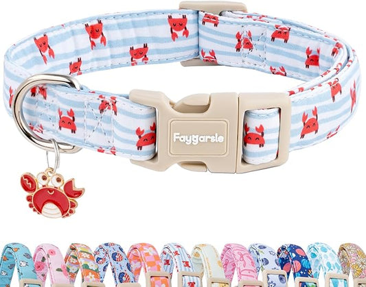 Faygarsle Cute Crab Pattern Dog Collar, Cotton Fabric, Light Blue Stripes, for Small Medium Large Dogs XS