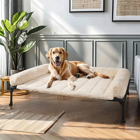 Veehoo Orthopedic Elevated Dog Bed with Fluffy Plush Bolster Cushion, Indoor Raised Dog Beds for Large Dogs, Soft Pet Sofa Cot with Removable Washable Mat, No-Slip Feet, 42 x 30 inches, Cream White