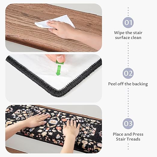 RORA Bullnose Carpet Stair Treads Non-Slip Stair Treads for Wooden Steps,Washable Stair Carpet,Floral Stair Rugs,Runner Indoor Stair Mats for Pets Elder,14pcs,29.5 ''x9.5 ”x1.5 '',Black