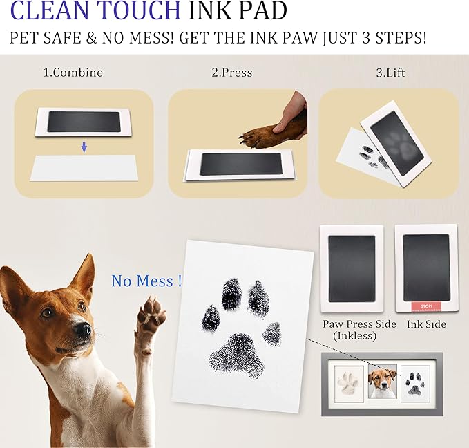 MYPAWLETS Paw Print Frame Kit,Dog/Cat Paw Print Kit,Soft Pawprint Clay&Clean Touch Ink Pad,Pet Paw Print Impression Kit with Customization Tool,Wooden Pet Memorial Frame,DIY Dog Lover Gifts-Grey