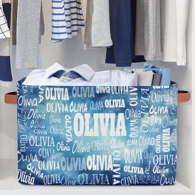 Custom Name Storage Bin, Personalized Rectangular Storage Basket with Handles for Organizing Boys Girls Toys Office Closet Shelf Baskets, Watercolor Blue Starry Night