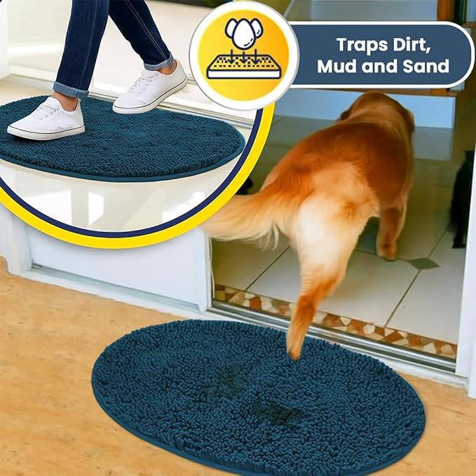 Muddy Mat® Shown on TV – Super Absorbent Microfiber Dog Door Mat for Muddy Paws, Non-Slip Washable Pet Rug, Quick Dry Chenille Entryway Carpet, Machine Washable Mat, Atlantic Blue Oval 6ft x 9ft
