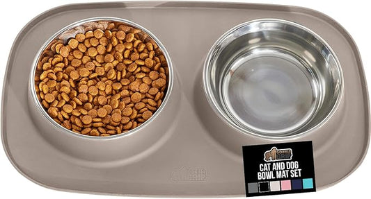 GORILLA GRIP Feeding Mat Bowl Set, 3 Cup 100% Waterproof BPA Free Silicone Base, 304 Stainless Steel Cat and Dog Bowls for Food and Water, Slip Resistant, High Edge, US Designed, Patent Pending, Beige