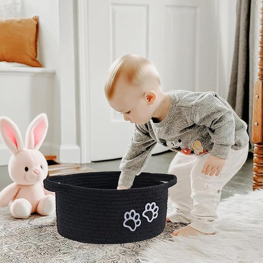 Small Woven Cotton Rope Nursery Organizer Bins, Dog Toy Basket Bins with Handle, Cute Empty Baby Gift Storage Baskets with Paw