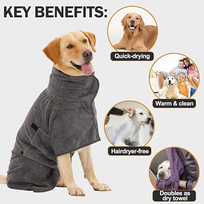 Dog Bathrobe, Quick Drying Super Absorbent Dog Robes for After Bath, Warm Keeping Dogs Towel, Dogs Bath Supplies, Comfortable Soft Drying Coat (Medium, Grey)