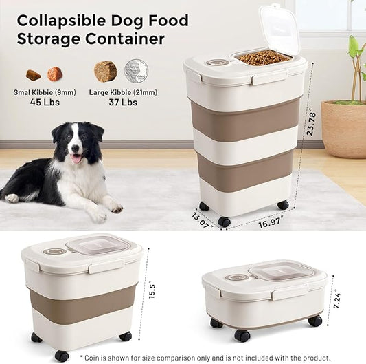 40-50lbs Dog Food Storage Container, Large Capacity Collapsible Airtight Pet Food Storage Containers with Rolling Wheels, Transparent Lid, Scoop and Date Track, Brown