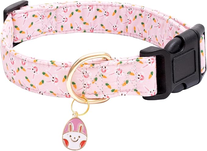 Faygarsle Cute Easter Collar for Small Medium Large Dogs Girl Boy Female Male Dog Pink Cotton with Adorable Rabbit Print Easter Puppy Collar with Easter Egg Charm L