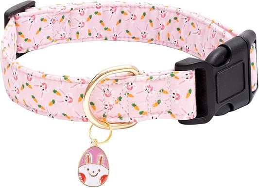 Faygarsle Cute Easter Collar for Small Medium Large Dogs Girl Boy Female Male Dog Pink Cotton with Adorable Rabbit Print Easter Puppy Collar with Easter Egg Charm S