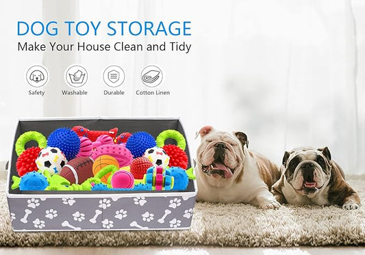 Morezi Linen-cotton blend dog toy basket and dog toy box, dog toy basket storage - Perfect for organizing pet toys, blankets, leashes, chew toys - Bone Paw