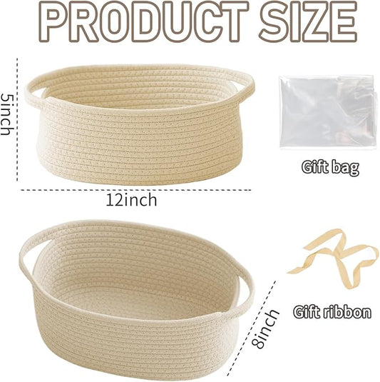 Woven Basket,Small Rope Storage Bin with Handles & Ribbon Bag, Organizer for Shelves Closets,Gift Basket Empty for Birthday,Books,Dog Toys,Beige/2 Pack