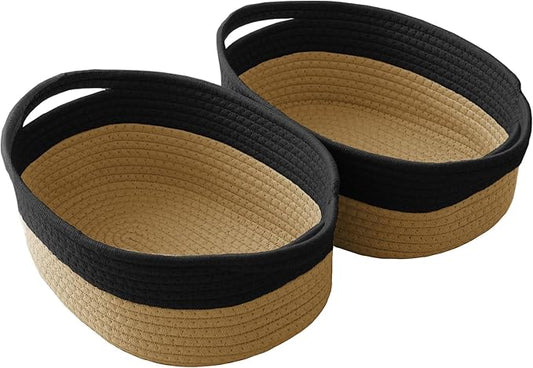 Woven Basket,Small Rope Storage Bin with Handles & Ribbon Bag, Organizer for Shelves Closets,Gift Basket Empty for Birthday,Books,Dog Toys, Black&Jute/2 Pack