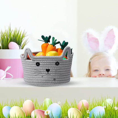 Zopeal Cat Basket Storage Woven Organizer with Ears Easter Decorative Pet Toy Cute Cotton Rope Basket for Gift Cat Dog Toy Bin Nursery Room(8.3 x 4.7 Inch,Light Gray)