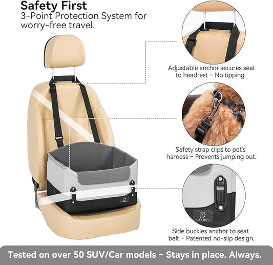 A 4 Pet Dog Car Seats for Small Dogs Under 25lbs – Safety Travel Booster Seat with Patent Buckles, Adjustable Leash – Reduces Anxiety & Road Trips – Frame Support for Cars, SUV, Pickup