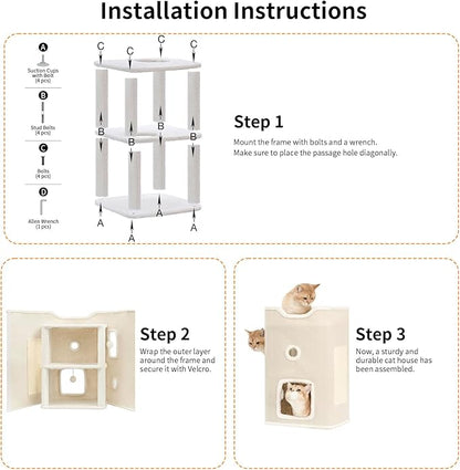 Cat House, Cat Beds for Indoor Cats, 2-Story Cat Condo Cube with Scratch Pad and Fluffy Ball Hanging, Multi-Level Cozy Hideout Center Ideal for Small/Medium Cats