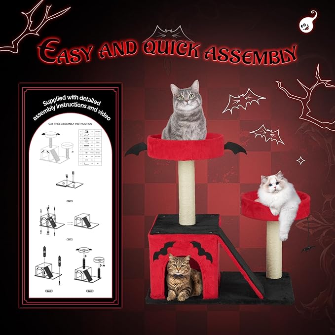 VINGLI 27.6in Gothic Cat Tree with Spacious Cat Condo & 2 Padded Perches, Red & Black Cat Tower with Scratching Ladder, Sisal Posts & Spider Toy for Large Cats