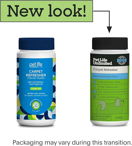 Pet Life Unlimited Carpet Deodorizer Powder, 16 oz, Strong Pet Odor Eliminator & Carpet Freshener, Plant-Based Juniper Leaf Scent, Pet Safe (Pack of 3)