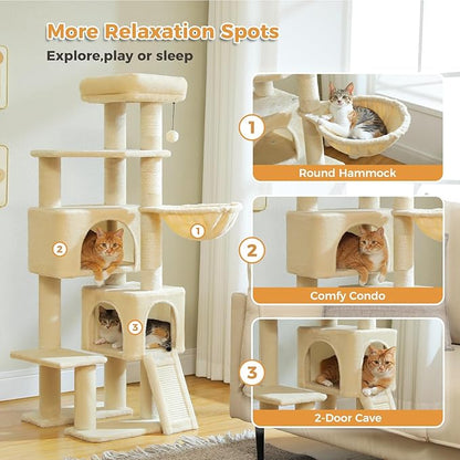 PAWZ Road Cat Tree, 51.6 Inches Cat Tower with Dual Condos, Spacious Perch, Cozy Basket and Sisal-Covered Scratching Posts for Small Cat and Kittens- Beige