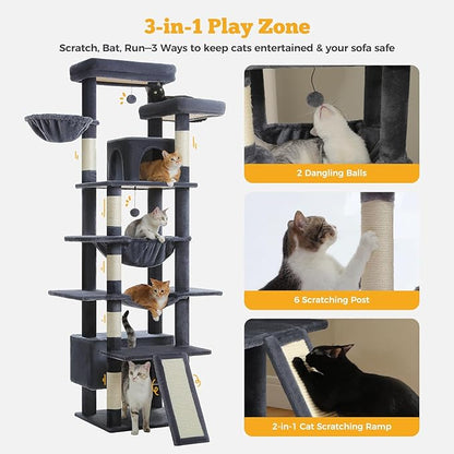 MUTTROS 81" Heavy Duty Cat Tree for Large Cats up to 20lbs - Extra Tall Cat Tower with Metal Frame Hammock, 6 Sisal Scratching Posts, 2 Perches - Indoor Cat Furniture for Maine Coon, Dark Gray
