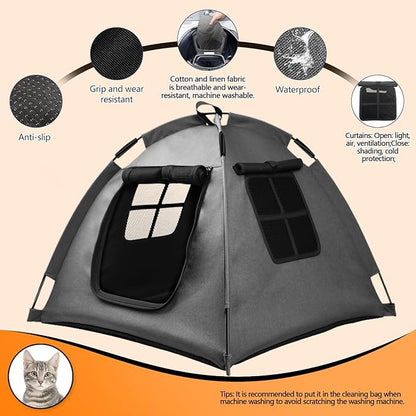 Portable Pet Tent with Full-Enclosure Zippered Mesh Door, Indoor & Outdoor Cat House for Safety & Ventilation, Cozy Nest for Cats, Puppies & Small Animals (Grey)