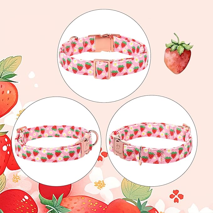 Strawberry Dog Collar for Medium Dogs - Adjustable Spring Summer Pink Girl Dog Collars, Cute Girly Female Pet Collar with Metal Buckle M