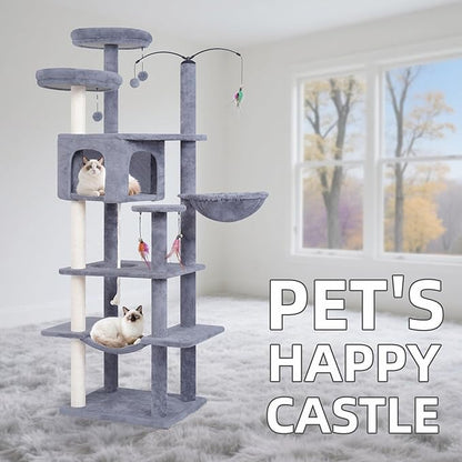 AIWIKIDE Big Cat Tree, Cat Tower with Multi-Level Condo, Hammocks, Rotating Toy (Grey, 63.4'')