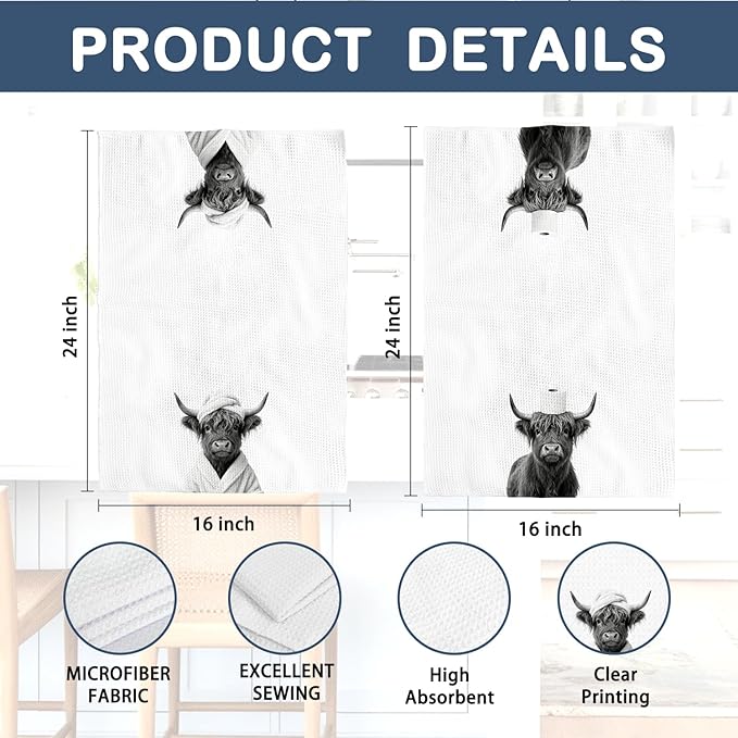 Funny Highland Cow Hand Towels, Highland Cow Bathroom Decor, Rustic Farmhouse Western Farm Animal Decorative Hand Towels for Bathroom Decor, 16x24 Inch Set of 2