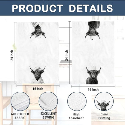 Funny Highland Cow Hand Towels, Highland Cow Bathroom Decor, Rustic Farmhouse Western Farm Animal Decorative Hand Towels for Bathroom Decor, 16x24 Inch Set of 2